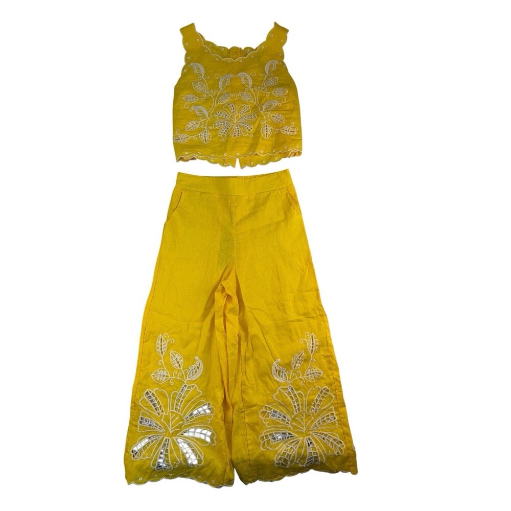 Christian Siriano Yellow Linen Embroidered Eyelet 2 Piece Crop Top Pants Set M - Picture 2 of 12